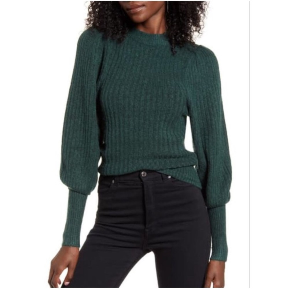 Leith Juliet Puffed Sleeve Sweater Emerald Green Large
